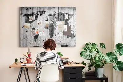 World Map Printed Cork Memo Board on Wood
