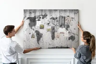 World Map Printed Cork Memo Board on Wood