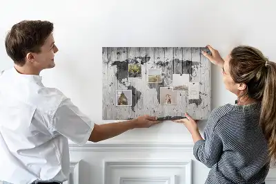 World Map Printed Cork Memo Board on Wood