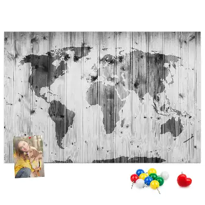 World Map Printed Cork Memo Board on Wood