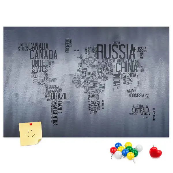 Cork memo board World map made of typography