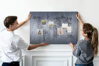World map cork memo board with typography design