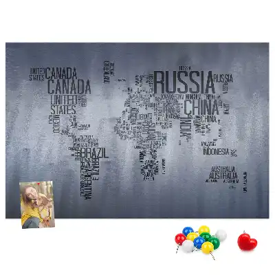 World map cork memo board with typography design