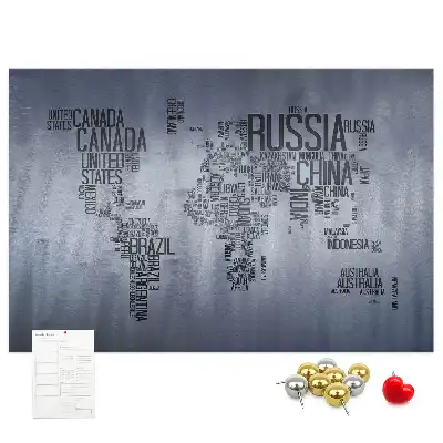 World map cork memo board with typography design
