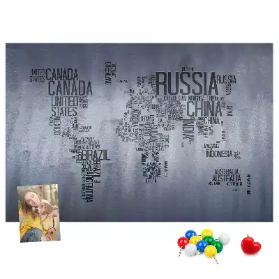 World map cork memo board with typography design