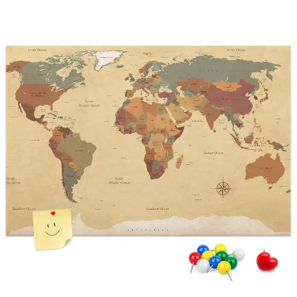 Vintage World Map Cork Memo Board