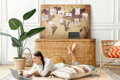 Cork memo board with old world map design