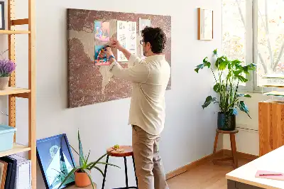Printed Cork Board World Map on brick