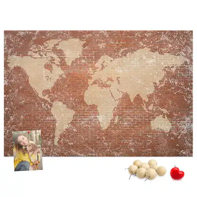 Printed Cork Board World Map on brick