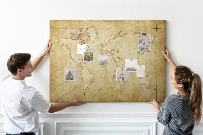 Cork memo board with an old world map design