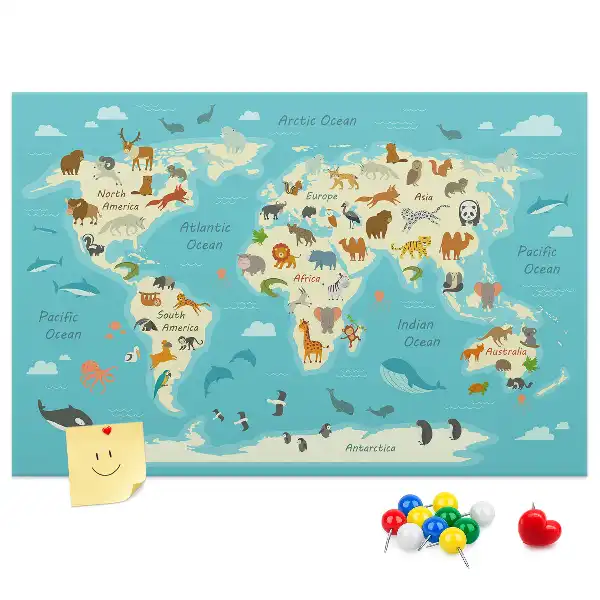 Printed Cork Memo Board Animal world map
