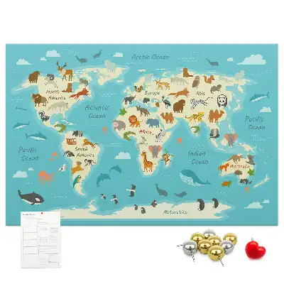 Printed Cork Memo Board Animal world map