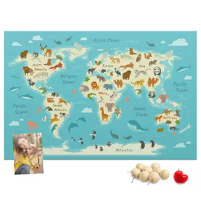 Printed Cork Memo Board Animal world map