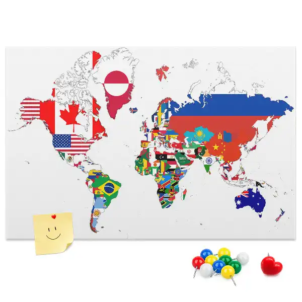 Printed Cork Board World Map with National Flags
