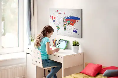 Printed Cork Board World Map with National Flags