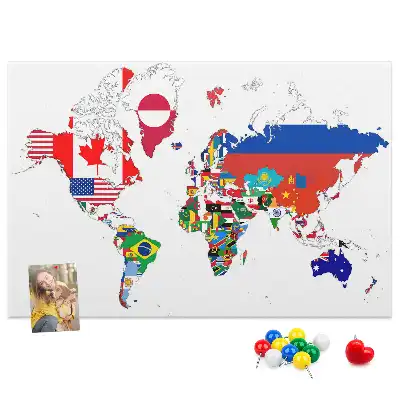 Printed Cork Board World Map with National Flags