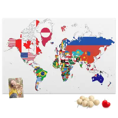 Printed Cork Board World Map with National Flags
