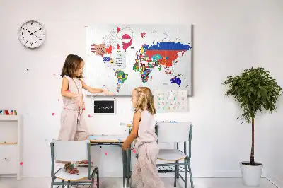 Printed Cork Board World Map with National Flags