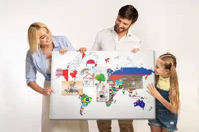 Printed Cork Board World Map with National Flags