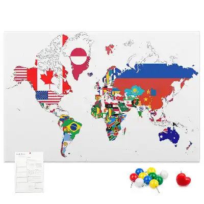 Printed Cork Board World Map with National Flags