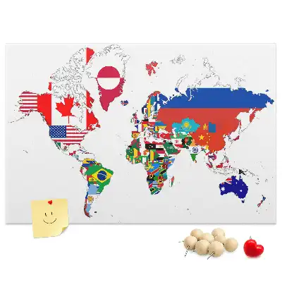 Printed Cork Board World Map with National Flags