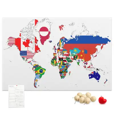 Printed Cork Board World Map with National Flags
