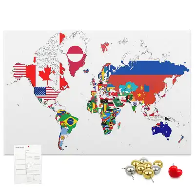Printed Cork Board World Map with National Flags
