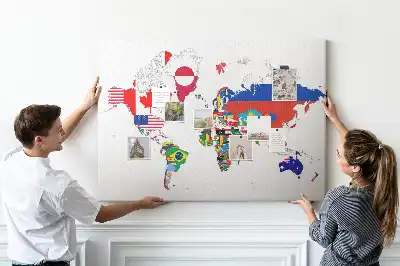 Printed Cork Board World Map with National Flags
