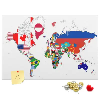 Printed Cork Board World Map with National Flags