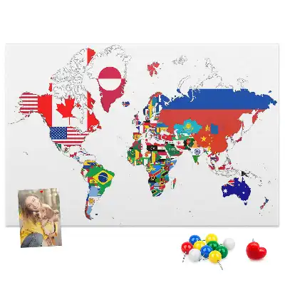 Printed Cork Board World Map with National Flags