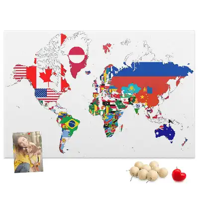 Printed Cork Board World Map with National Flags