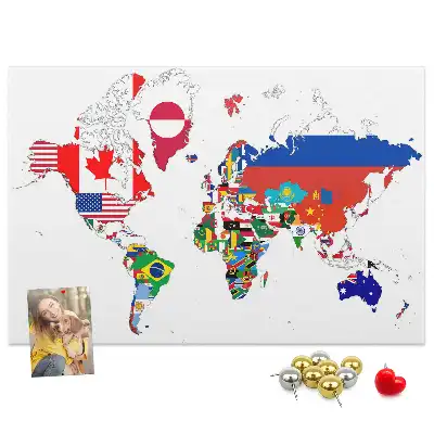 Printed Cork Board World Map with National Flags