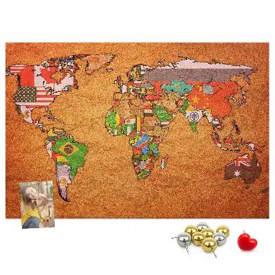 World Map Printed Cork Memo Board with Flags