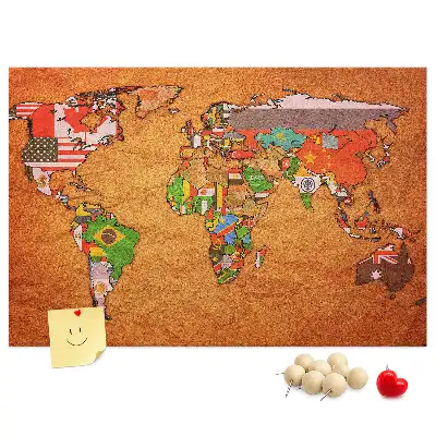 World Map Printed Cork Memo Board with Flags