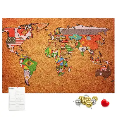 World Map Printed Cork Memo Board with Flags