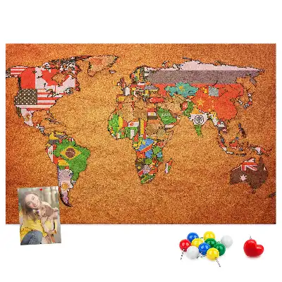 Printed Cork Memo Board World Map with flags