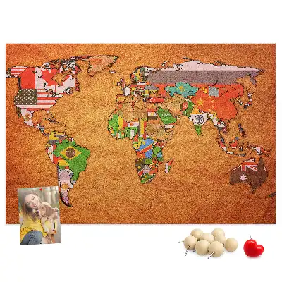 Printed Cork Memo Board World Map with flags