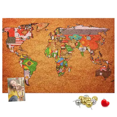 World Map Printed Cork Memo Board with Flags