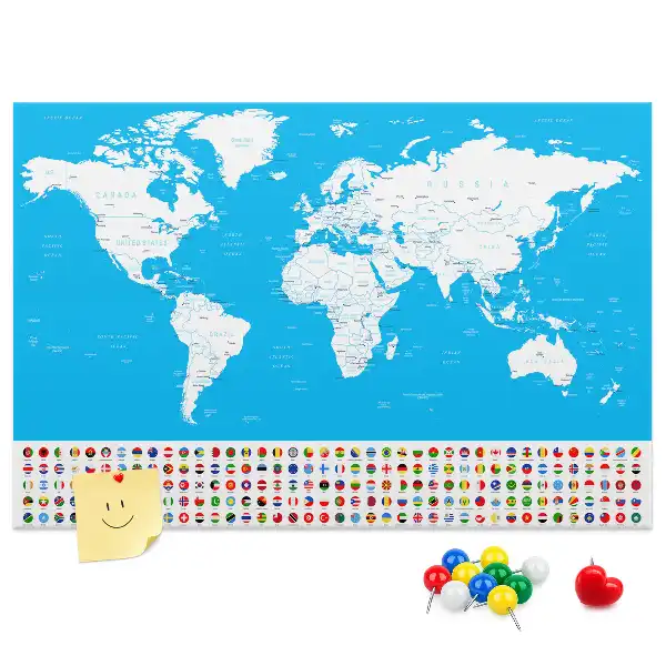 Printed Cork Board World Map with Country Outlines