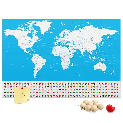 Printed Cork Board World Map with Country Outlines