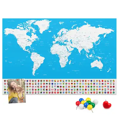 Printed Cork Board World Map with Country Outlines