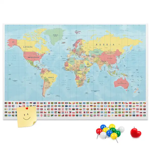 Printed Cork Memo Board Geography world map