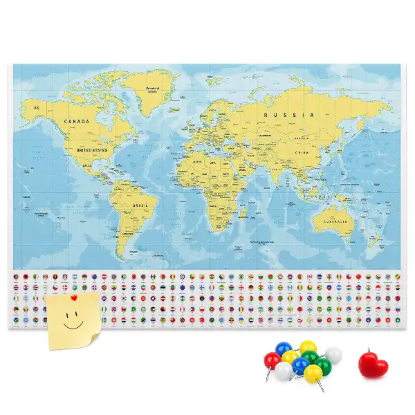 Printed Cork Board World Map with Flags