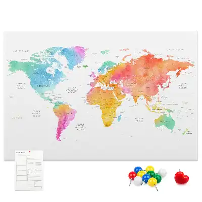 Watercolor World Map Printed Cork Board