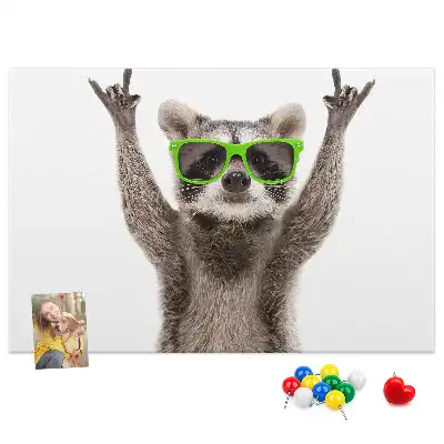 Printed Cork Memo Board featuring a raccoon wearing glasses