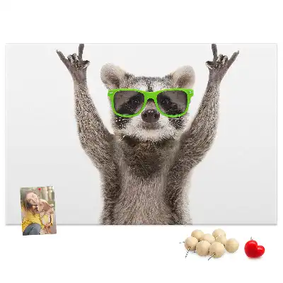 Printed Cork Memo Board featuring a raccoon wearing glasses