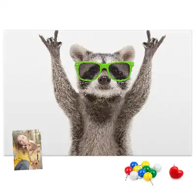 Printed Cork Memo Board featuring a raccoon wearing glasses