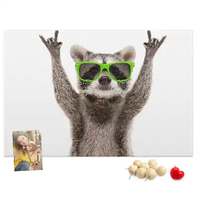 Printed Cork Memo Board featuring a raccoon wearing glasses