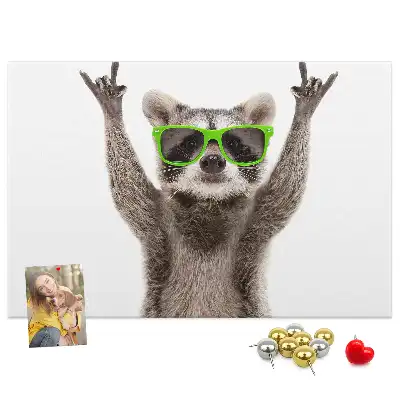 Printed Cork Memo Board featuring a raccoon wearing glasses