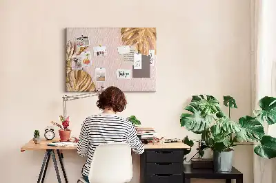 Cork Memo Board with Golden Tropical Leaves Print